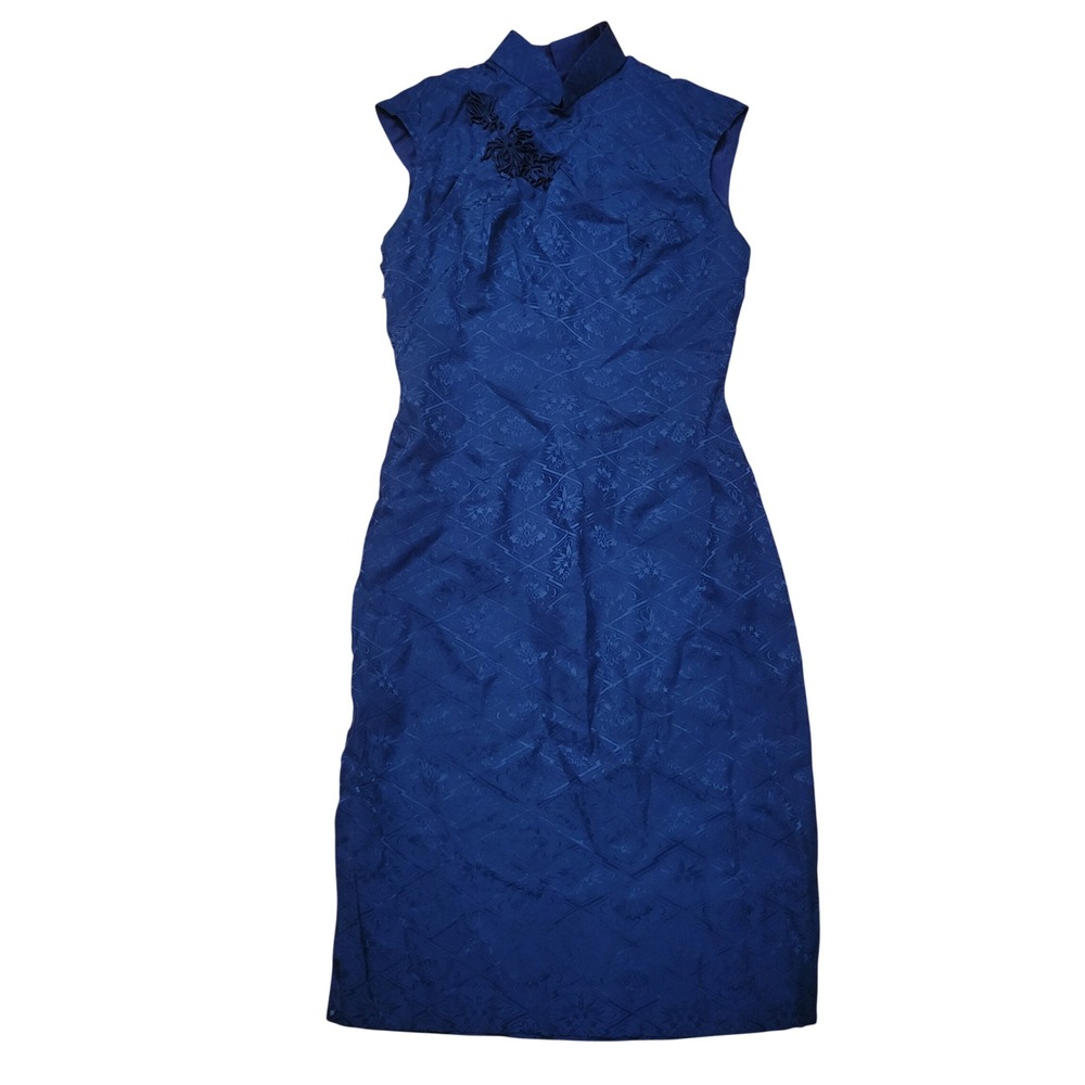 Vintage XS Cheongsam Dress Blue Floral Jacquard Mandarin Qipao Wedding Formal